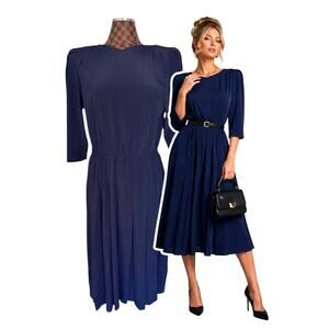 Pellini by Von Bramlett Navy Blue Midi Dress Size 14 Puff Sleeve Vtg 80s Teacher